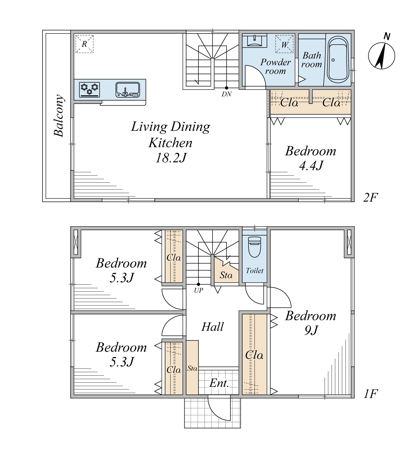 八幡西区西王子町 中古戸建 4LDKの間取り図 2階LDK18.2帖 洋室9帖 洋室5.3帖2室 洋室4.4帖